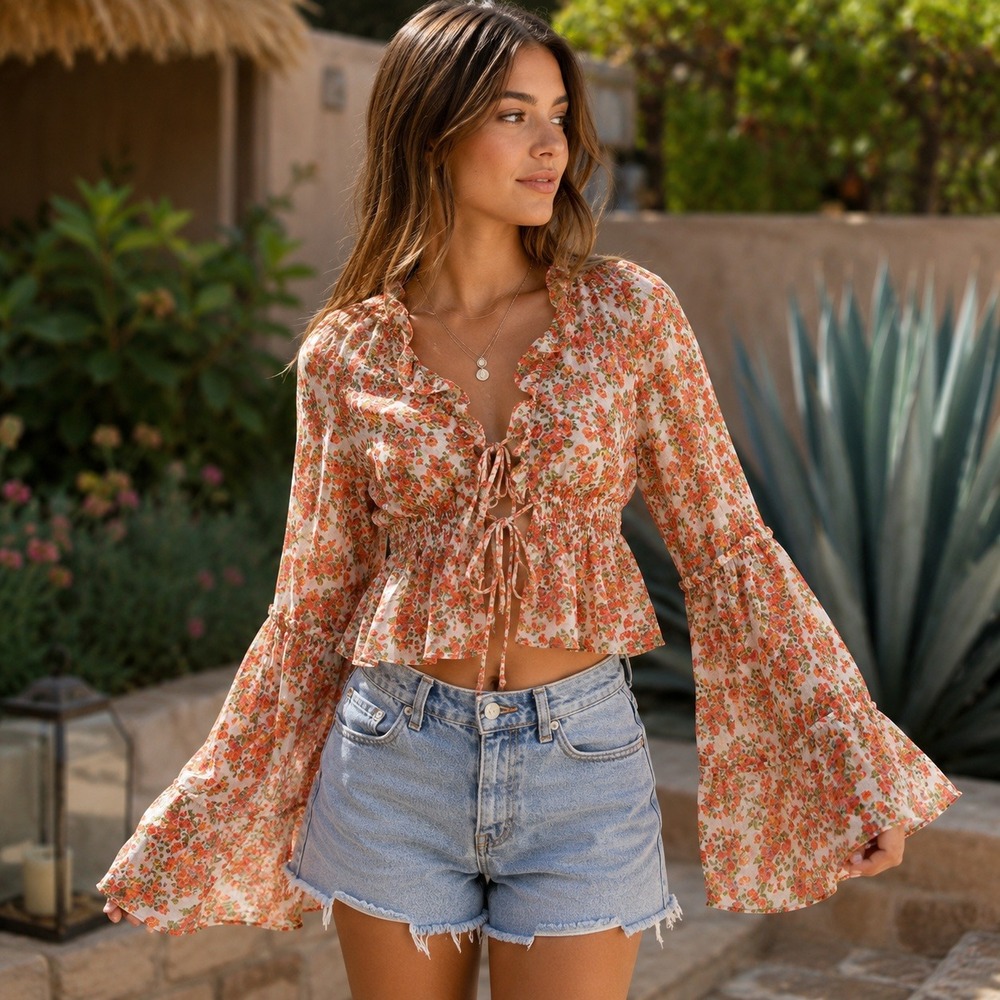 Dizzy Lizzy XS Floral Tie Front Bell Sleeve Peplum Sheer Cotton Blend Blouse